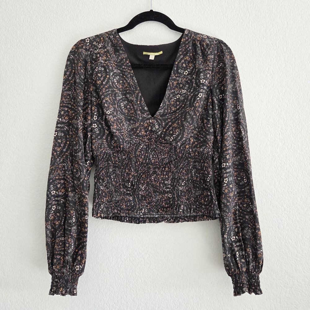 Gianni Bini Black Floral Smocked Long Sleeve Top Size Small Boho Cottage Fairy